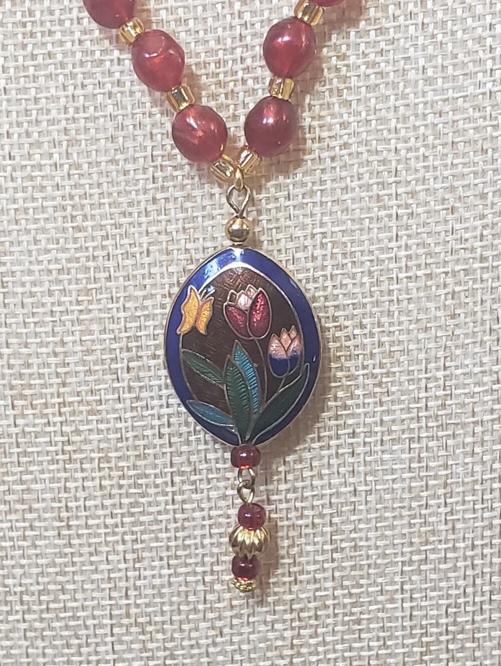 CLOISONNE PENDANT On BEADED NECKLACE Tulips & Butterfly